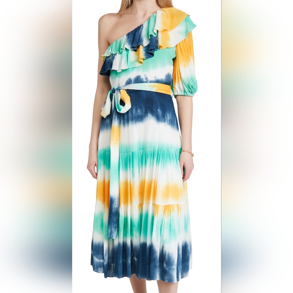Charina Sarte Sahara Tie-dye One-shoulder‎ Dress In Navy/light Blue/yellow